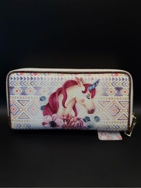 Pink Unicorn Print Zip-Around Wristlet Wallet